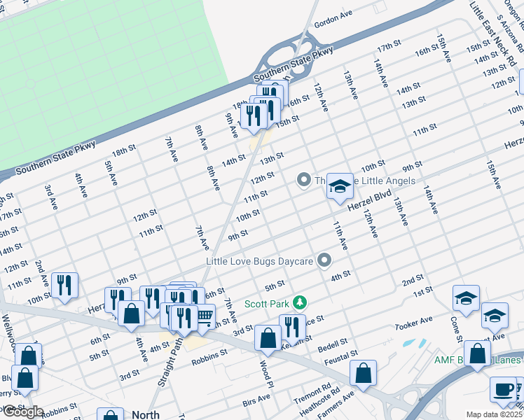 map of restaurants, bars, coffee shops, grocery stores, and more near 900 10th Street in West Babylon