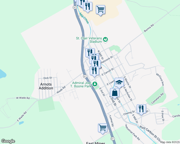 map of restaurants, bars, coffee shops, grocery stores, and more near 42 North 3rd Street in Saint Clair