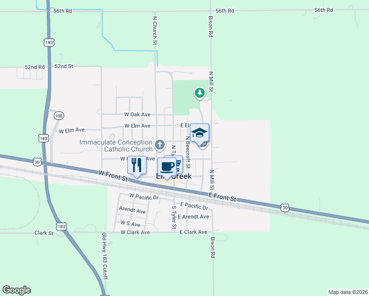 map of restaurants, bars, coffee shops, grocery stores, and more near 200-324 E Boyd Ave in Elm Creek