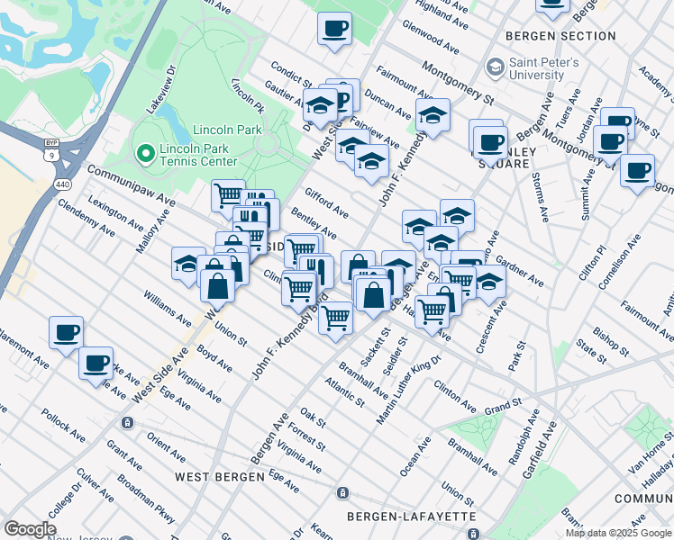 map of restaurants, bars, coffee shops, grocery stores, and more near 2419 John F. Kennedy Boulevard in Jersey City