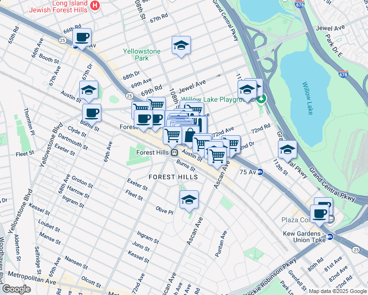 map of restaurants, bars, coffee shops, grocery stores, and more near 107-23 71st Road in Queens