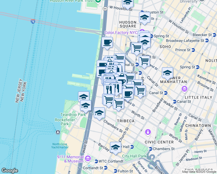 map of restaurants, bars, coffee shops, grocery stores, and more near 397 Greenwich Street in New York