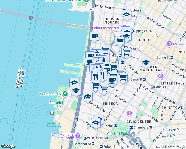 map of restaurants, bars, coffee shops, grocery stores, and more near 397 Greenwich Street in New York