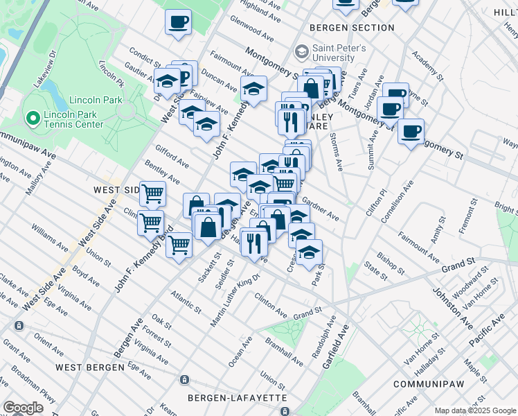 map of restaurants, bars, coffee shops, grocery stores, and more near 590 Bergen Avenue in Jersey City