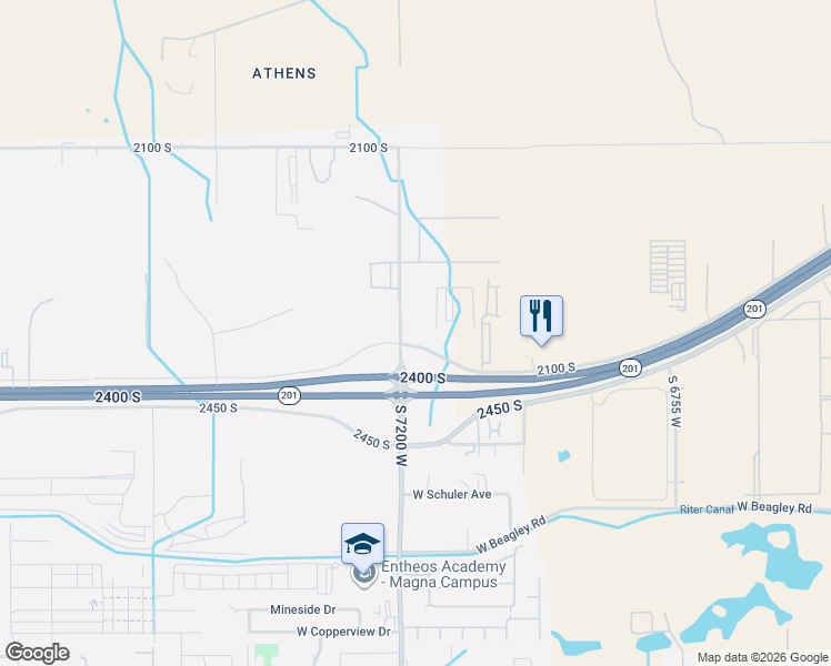 map of restaurants, bars, coffee shops, grocery stores, and more near 2325 South 7200 West in Magna