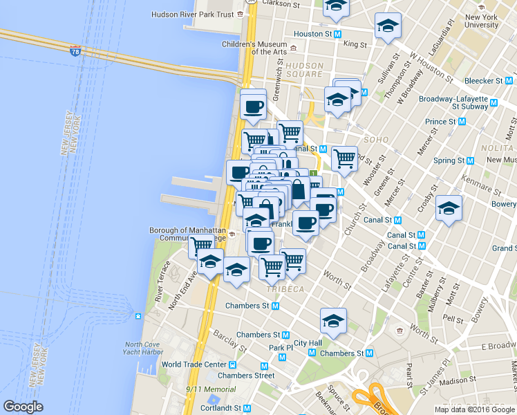 map of restaurants, bars, coffee shops, grocery stores, and more near 397 Greenwich Street in New York