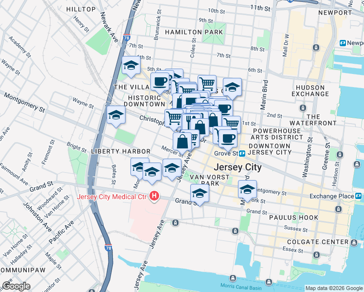 map of restaurants, bars, coffee shops, grocery stores, and more near 116 Wayne Street in Jersey City