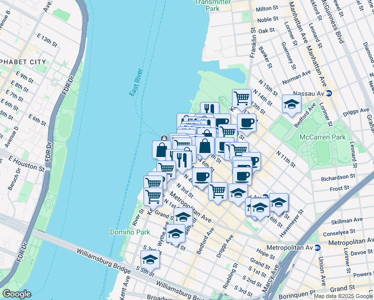 map of restaurants, bars, coffee shops, grocery stores, and more near 22 North 6th Street in Brooklyn