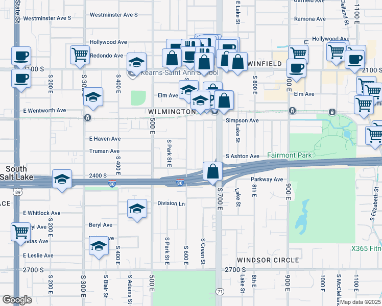map of restaurants, bars, coffee shops, grocery stores, and more near 2318 Green Street East in Salt Lake City