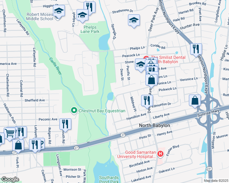 map of restaurants, bars, coffee shops, grocery stores, and more near 5 Espie Lane in North Babylon