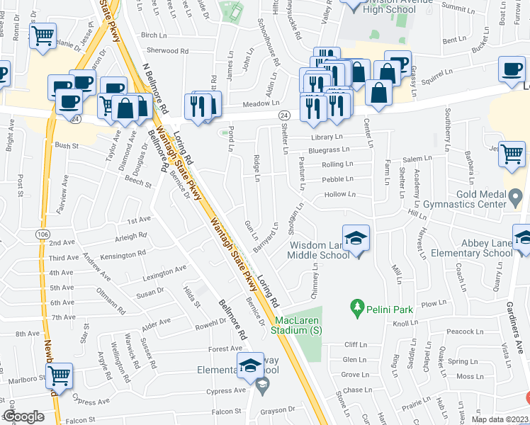 map of restaurants, bars, coffee shops, grocery stores, and more near 83 Ridge Lane in Levittown
