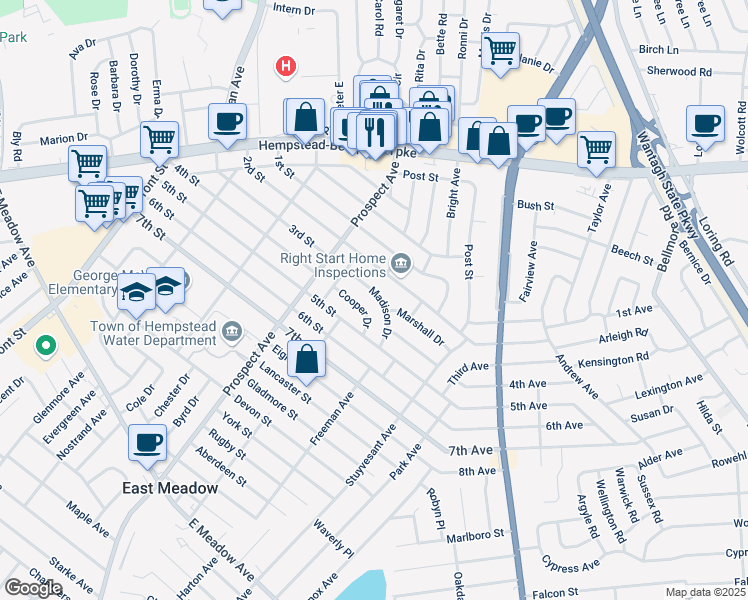 map of restaurants, bars, coffee shops, grocery stores, and more near 2376 Madison Drive in East Meadow
