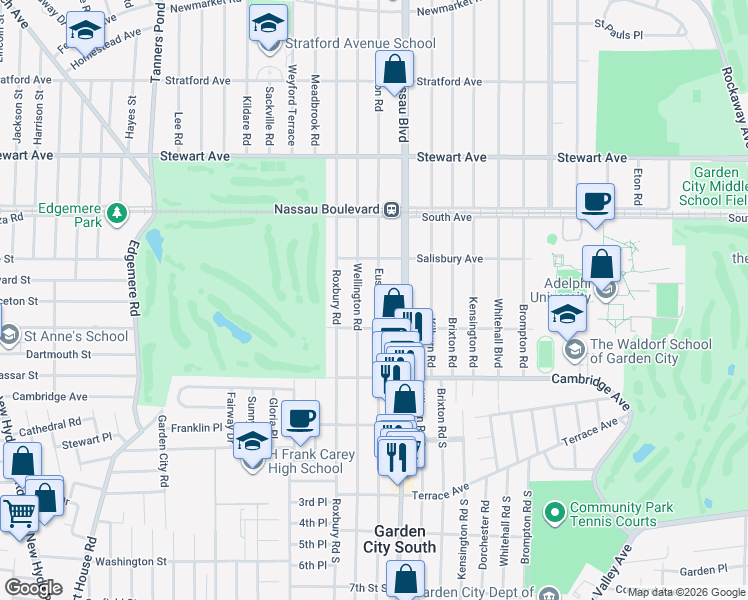 map of restaurants, bars, coffee shops, grocery stores, and more near 38 Euston Road in Garden City