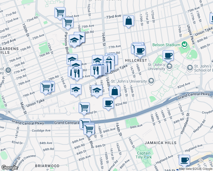 map of restaurants, bars, coffee shops, grocery stores, and more near 8030 164th Street in Queens