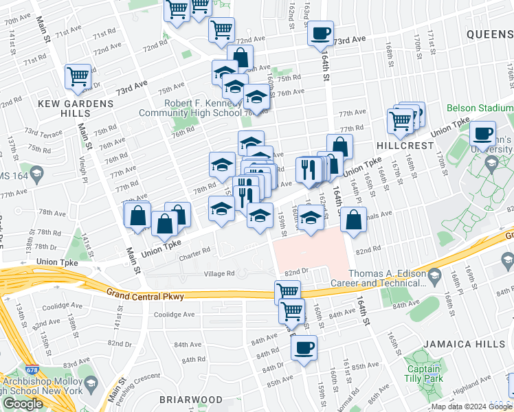 map of restaurants, bars, coffee shops, grocery stores, and more near 79-13 Parsons Boulevard in Queens