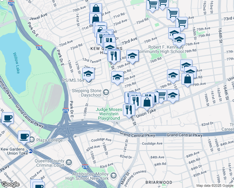 map of restaurants, bars, coffee shops, grocery stores, and more near 141-25 Vleigh Place in Queens