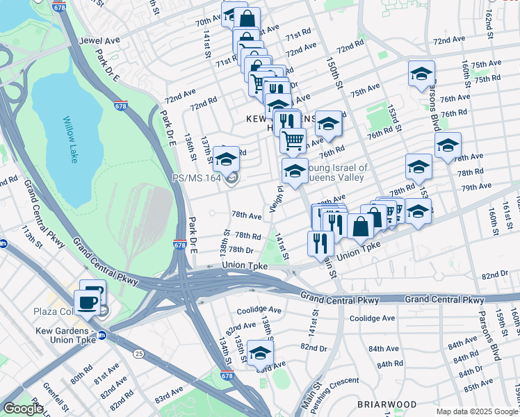 map of restaurants, bars, coffee shops, grocery stores, and more near 77-25 141st Street in Queens