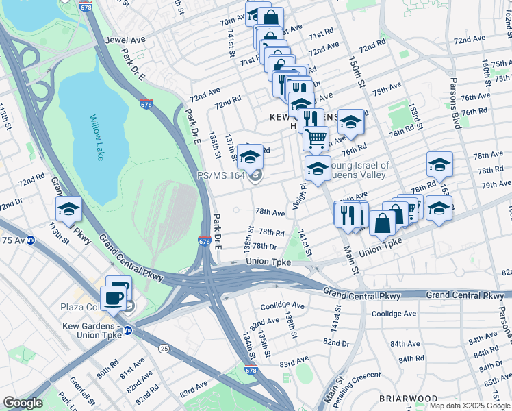 map of restaurants, bars, coffee shops, grocery stores, and more near 138-24 77th Avenue in Queens
