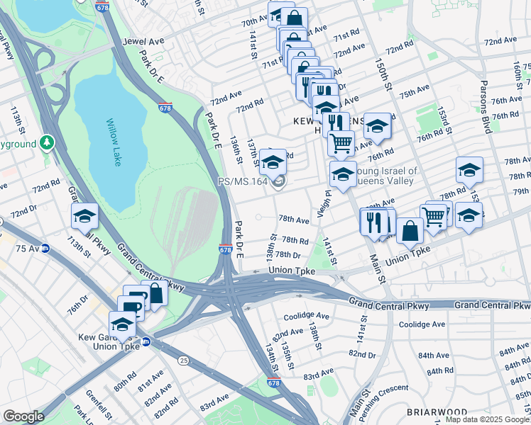 map of restaurants, bars, coffee shops, grocery stores, and more near 135-40 77th Avenue in Queens