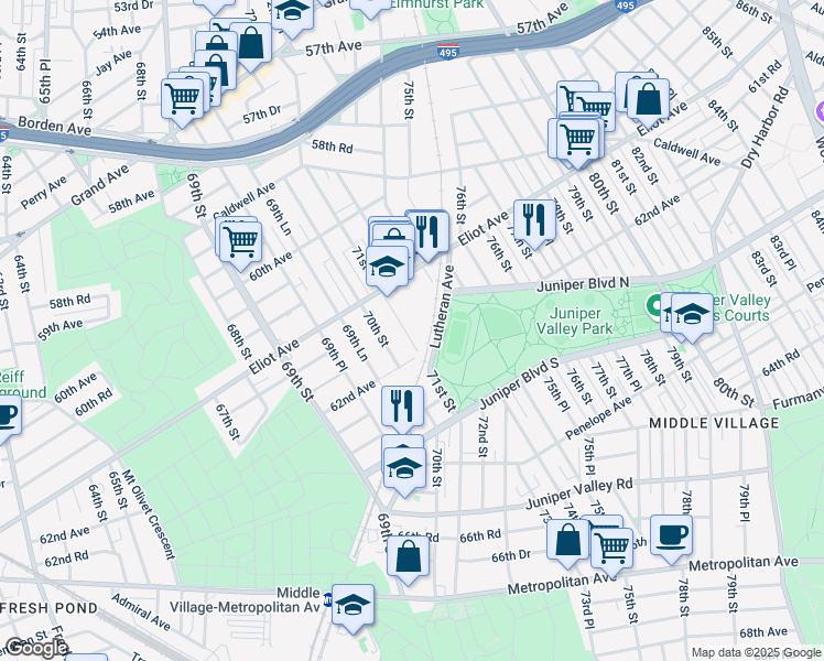 map of restaurants, bars, coffee shops, grocery stores, and more near 72 Stuart Lane in Queens
