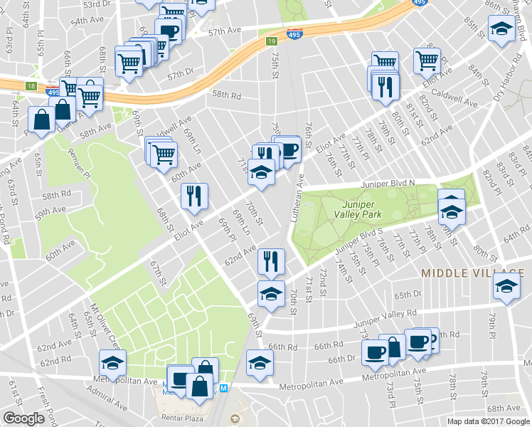 map of restaurants, bars, coffee shops, grocery stores, and more near 61-24 71st Street in Queens
