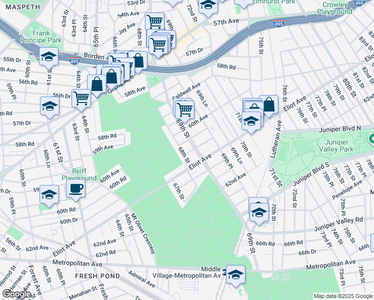 map of restaurants, bars, coffee shops, grocery stores, and more near 68-03 60th Road in Queens
