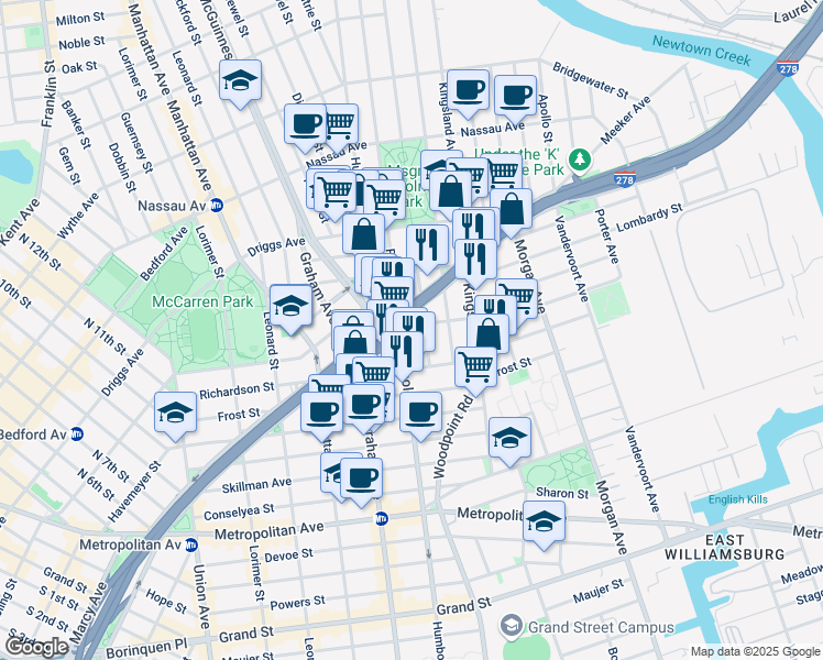 map of restaurants, bars, coffee shops, grocery stores, and more near 71 Herbert Street in Brooklyn