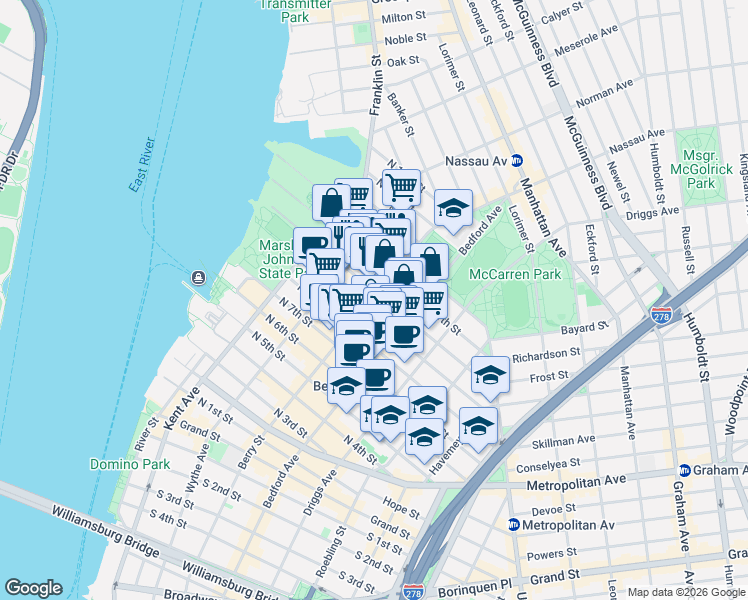 map of restaurants, bars, coffee shops, grocery stores, and more near 111 North 10th Street in Brooklyn