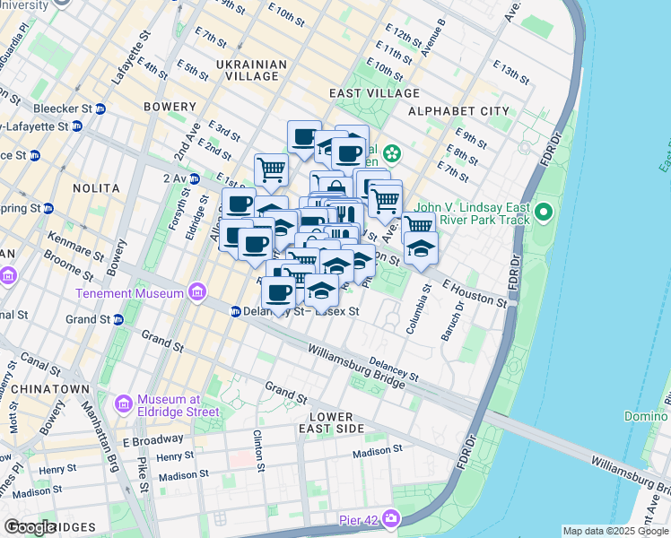 map of restaurants, bars, coffee shops, grocery stores, and more near 162 Attorney Street in New York