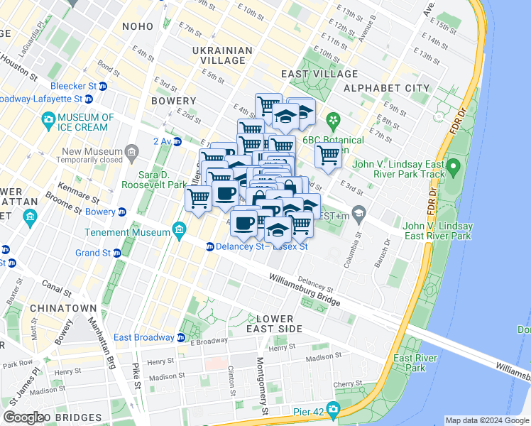 map of restaurants, bars, coffee shops, grocery stores, and more near 25 Clinton Street in New York