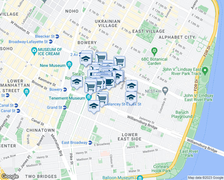 map of restaurants, bars, coffee shops, grocery stores, and more near 113 Rivington Street in New York