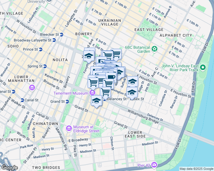 map of restaurants, bars, coffee shops, grocery stores, and more near 113 Rivington Street in New York