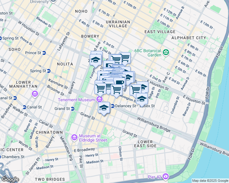 map of restaurants, bars, coffee shops, grocery stores, and more near 113 Rivington Street in New York