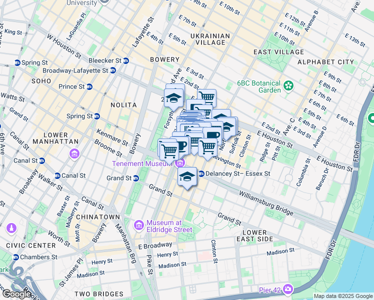 map of restaurants, bars, coffee shops, grocery stores, and more near 143 Ludlow Street in New York