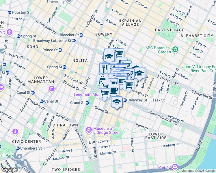 map of restaurants, bars, coffee shops, grocery stores, and more near 184 Eldridge Street in New York