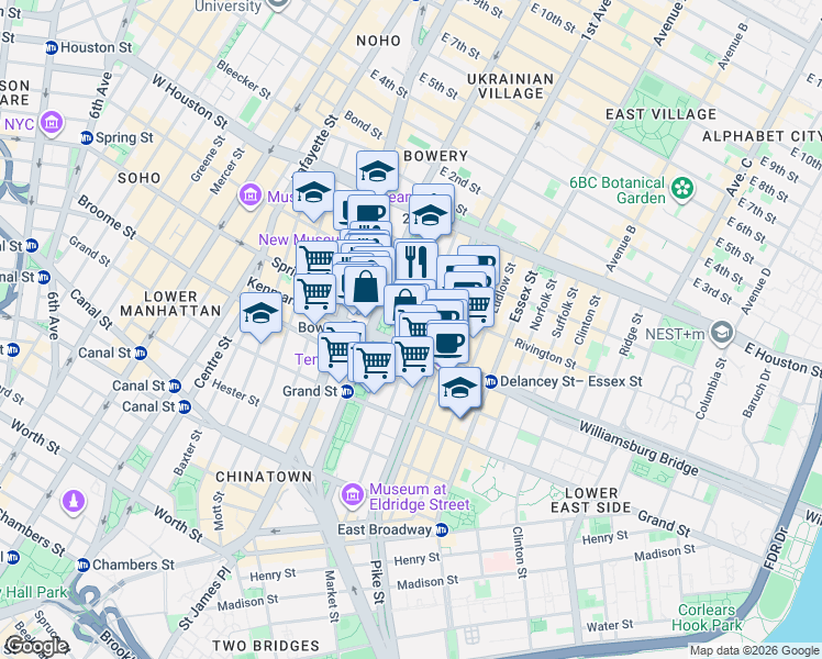 map of restaurants, bars, coffee shops, grocery stores, and more near 171a Chrystie Street in New York