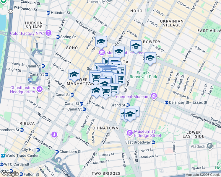 map of restaurants, bars, coffee shops, grocery stores, and more near 384 Broome Street in New York