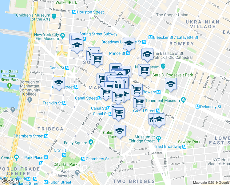 map of restaurants, bars, coffee shops, grocery stores, and more near 138 Grand Street in New York