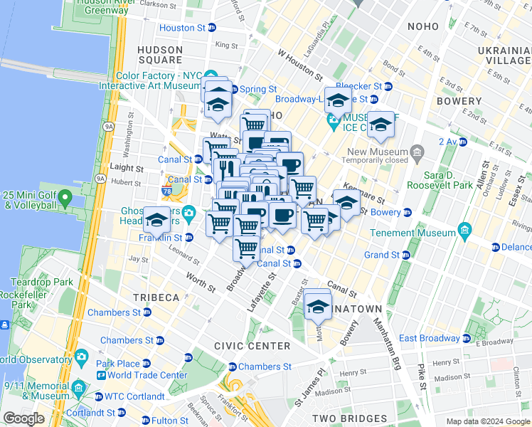 map of restaurants, bars, coffee shops, grocery stores, and more near 7 Mercer Street in New York