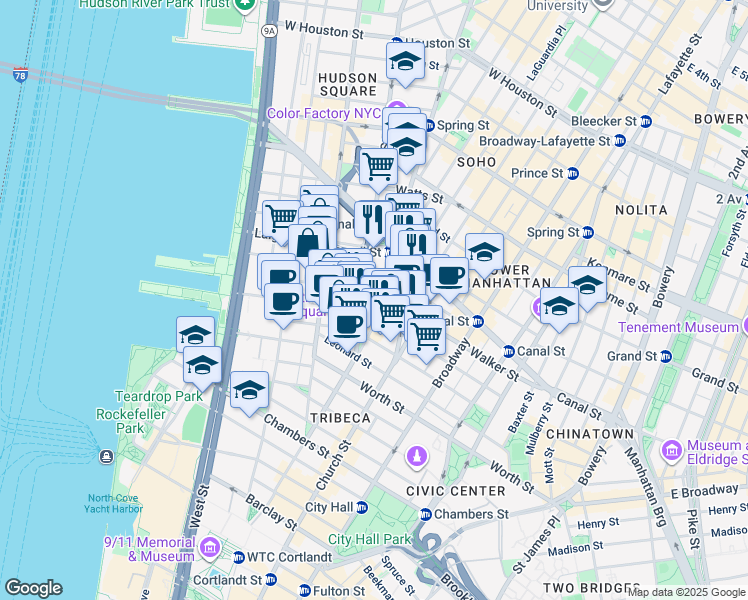 map of restaurants, bars, coffee shops, grocery stores, and more near 14 Ericsson Place in New York