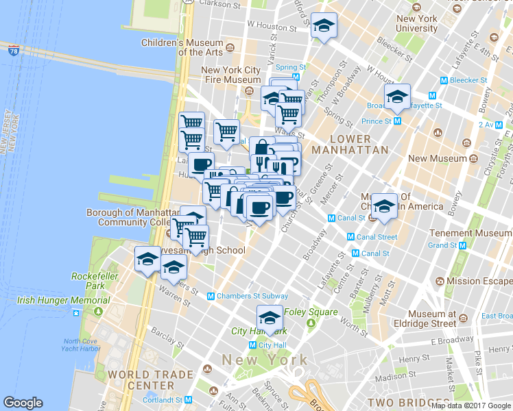 map of restaurants, bars, coffee shops, grocery stores, and more near Holland Tunnel in New York