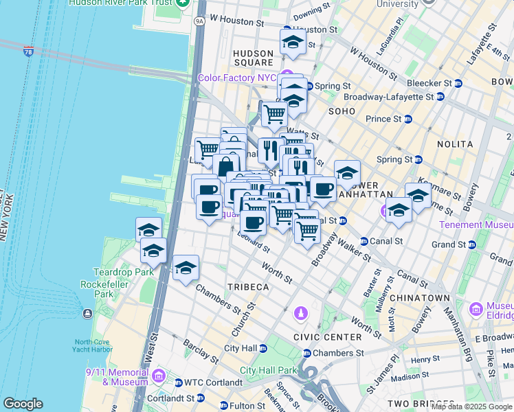map of restaurants, bars, coffee shops, grocery stores, and more near 14 Ericsson Place in New York
