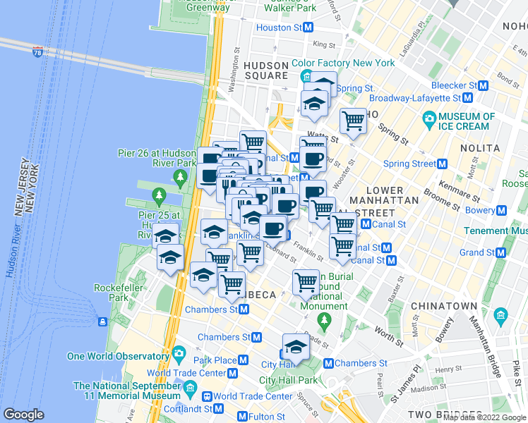 map of restaurants, bars, coffee shops, grocery stores, and more near 129w Hudson Street in New York