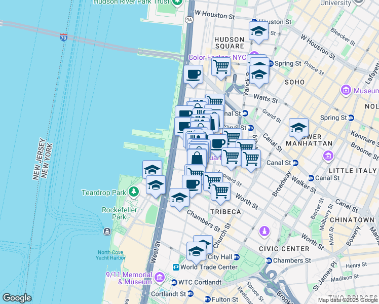 map of restaurants, bars, coffee shops, grocery stores, and more near 230 West Street in New York