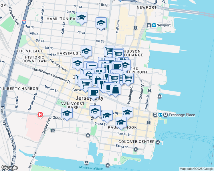 map of restaurants, bars, coffee shops, grocery stores, and more near 133 Morgan Street in Jersey City
