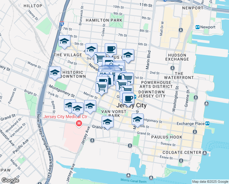 map of restaurants, bars, coffee shops, grocery stores, and more near 524 Jersey Avenue in Jersey City