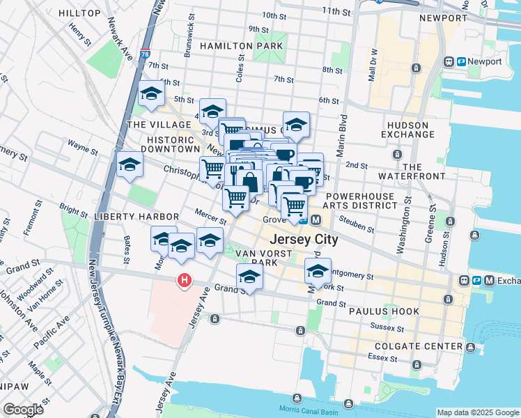 map of restaurants, bars, coffee shops, grocery stores, and more near 524 Jersey Avenue in Jersey City