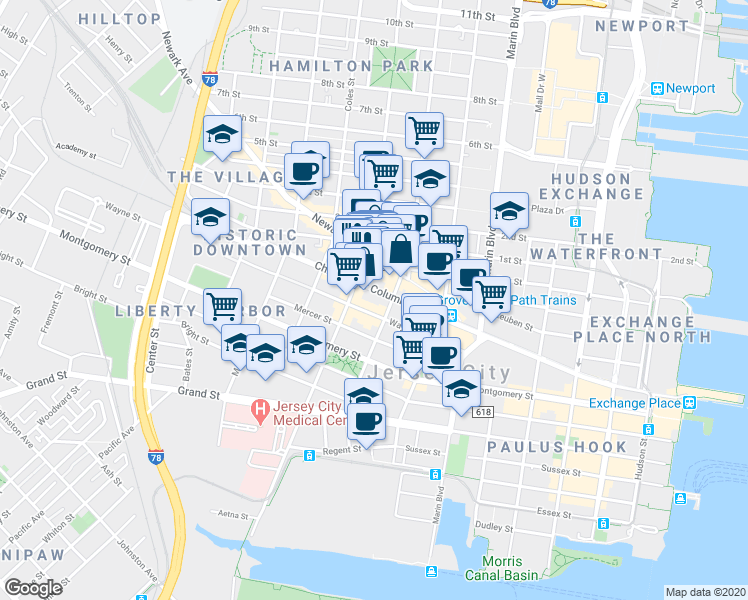 map of restaurants, bars, coffee shops, grocery stores, and more near 524 Jersey Avenue in Jersey City