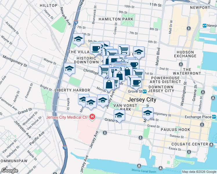 map of restaurants, bars, coffee shops, grocery stores, and more near 116 Wayne Street in Jersey City