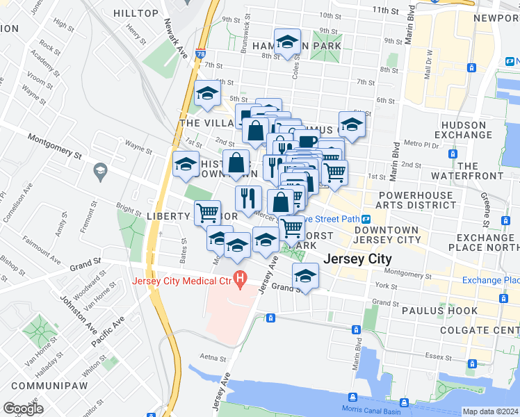 map of restaurants, bars, coffee shops, grocery stores, and more near 153-139 Wayne Street in Jersey City